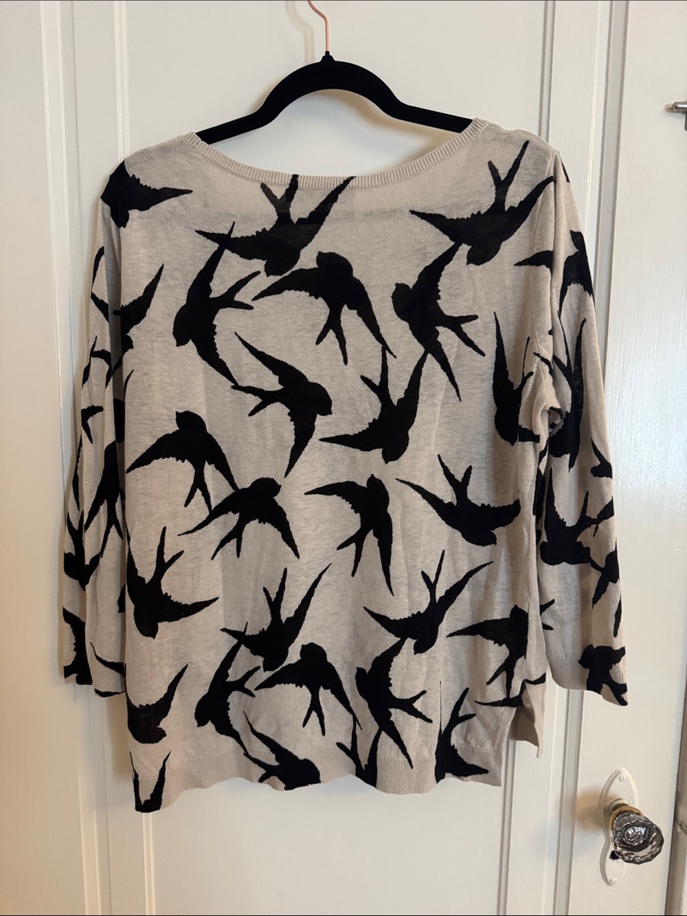 LOFT Light Beige Sweater with Black Bird Swallow Print - Picture 4 of 8